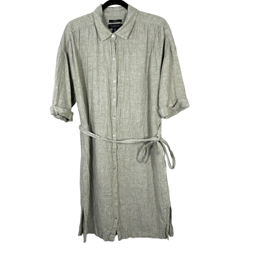 Tahari Olive Green Linen Button Front Knee Length Dress Size Large